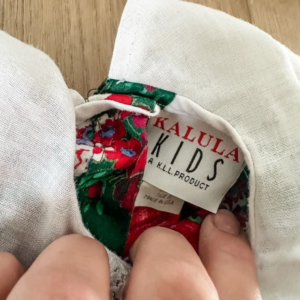 Vintage Girls 3T Kalula Kids Green & Red Rose Floral Dress‎ Lace Collar 90's